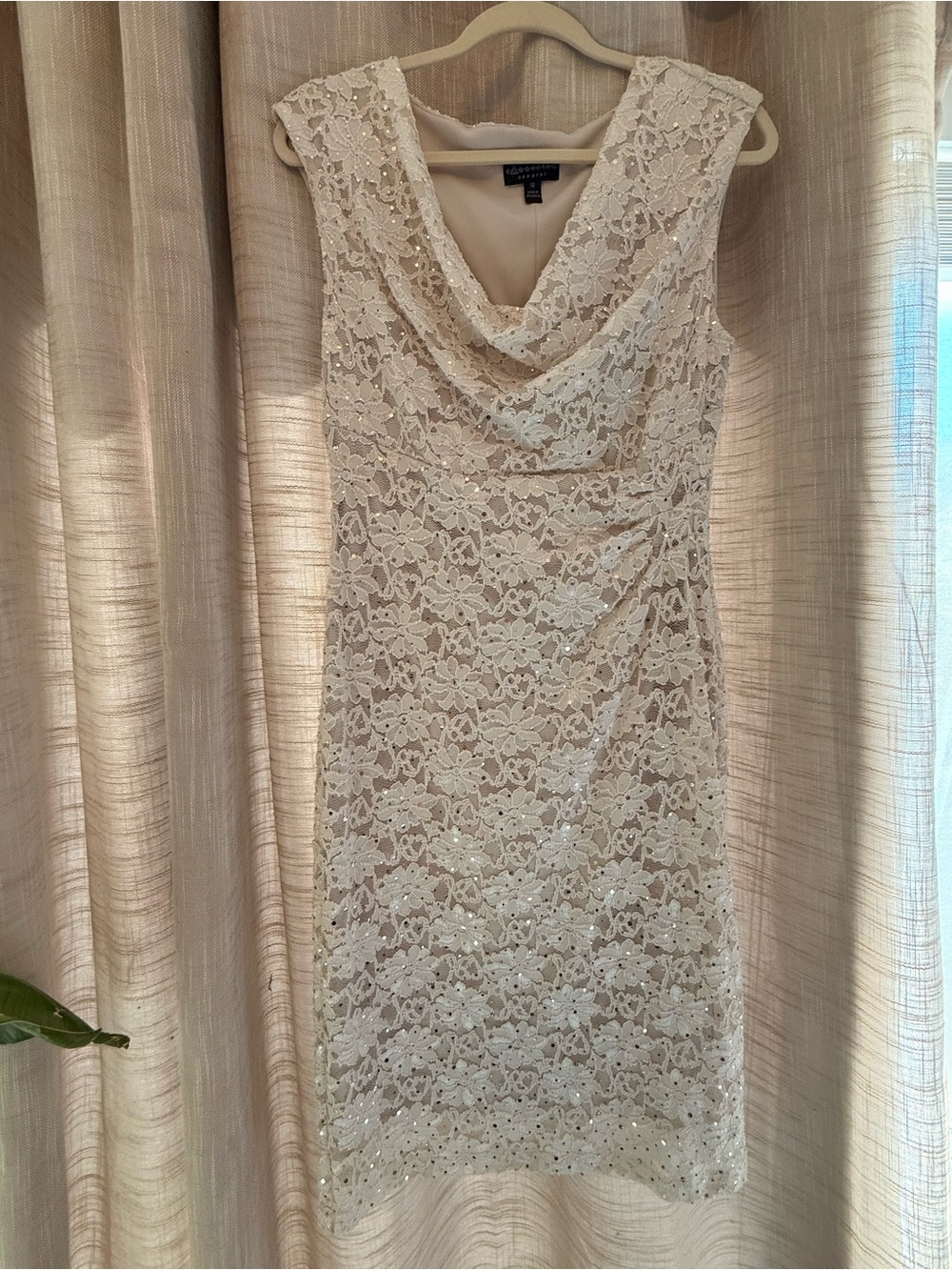 Connected Apparel Cream Lace Cowl Neck Midi Dress